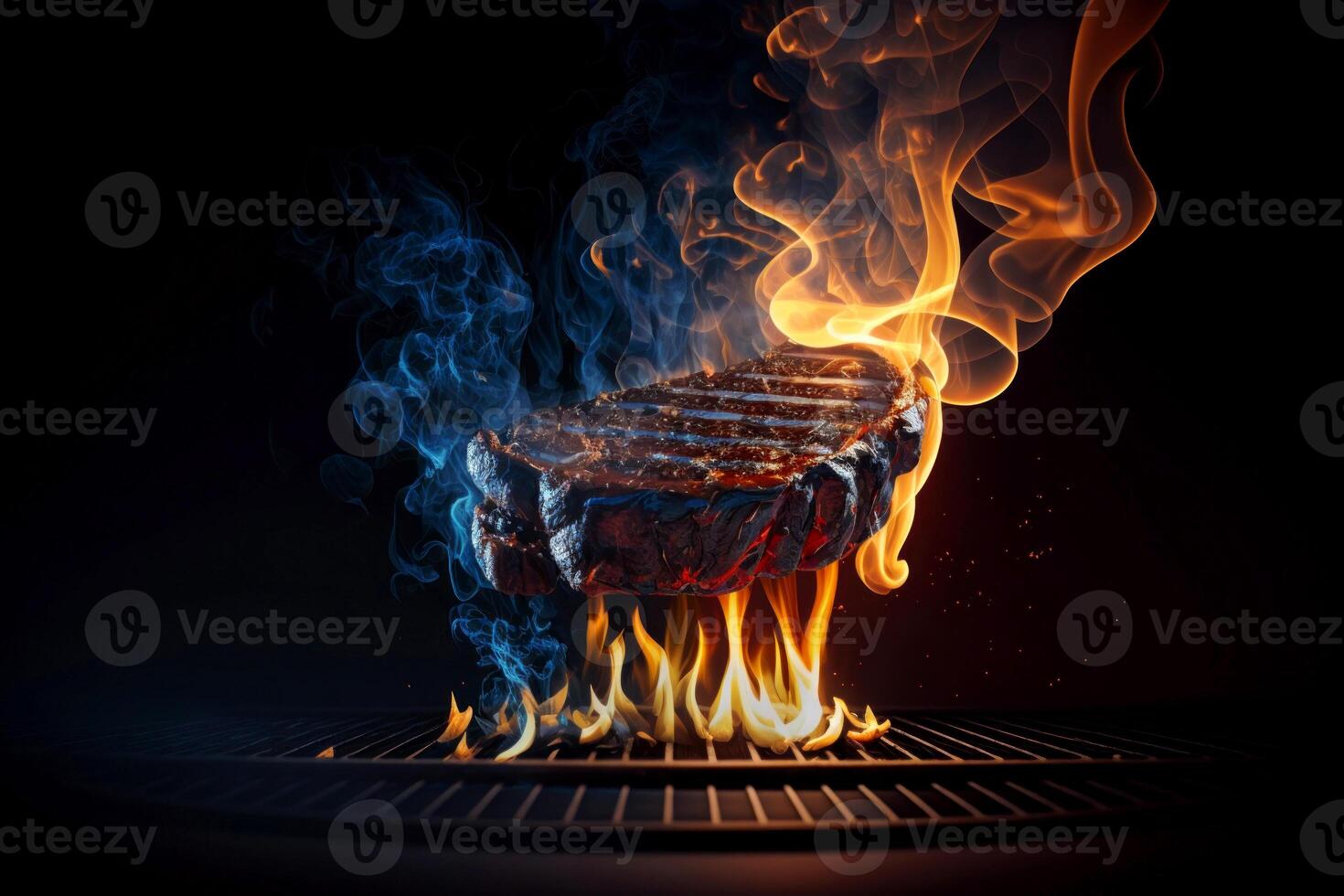 Steak is cooking on a grill with flames in the backgroung of the grill, photo