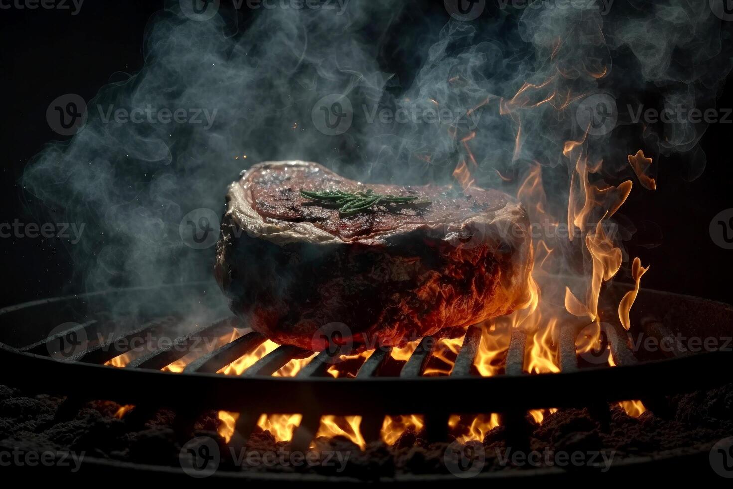 Steak is cooking on a grill with flames in the backgroung of the grill, photo