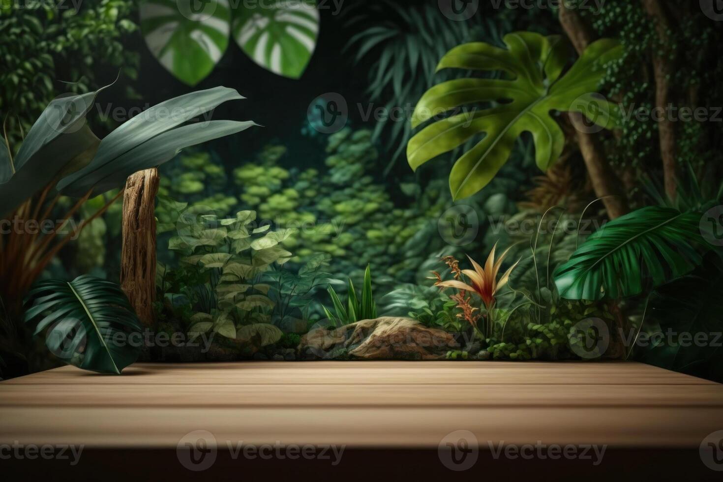 Wooden table on Jungle background, photo