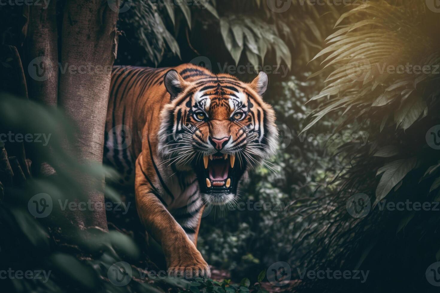 Angry Tiger portrait on jungle background, photo