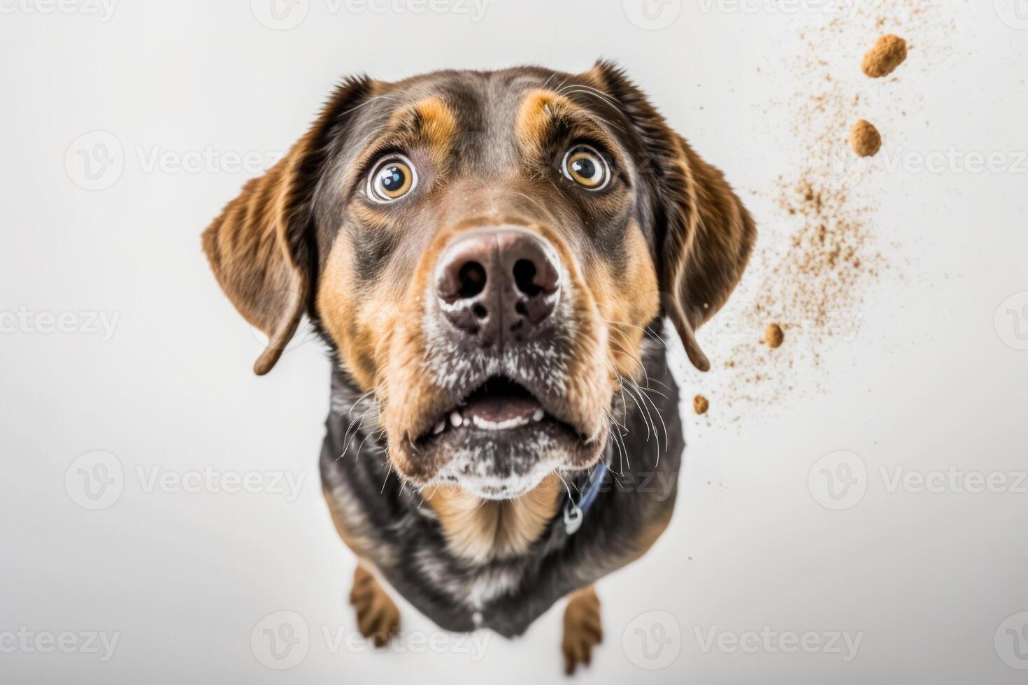 A dog and food on a white background. photo