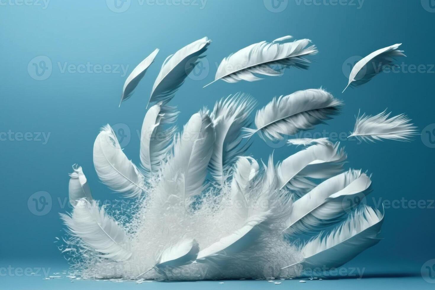 White feathers floating in the air on light blue. photo