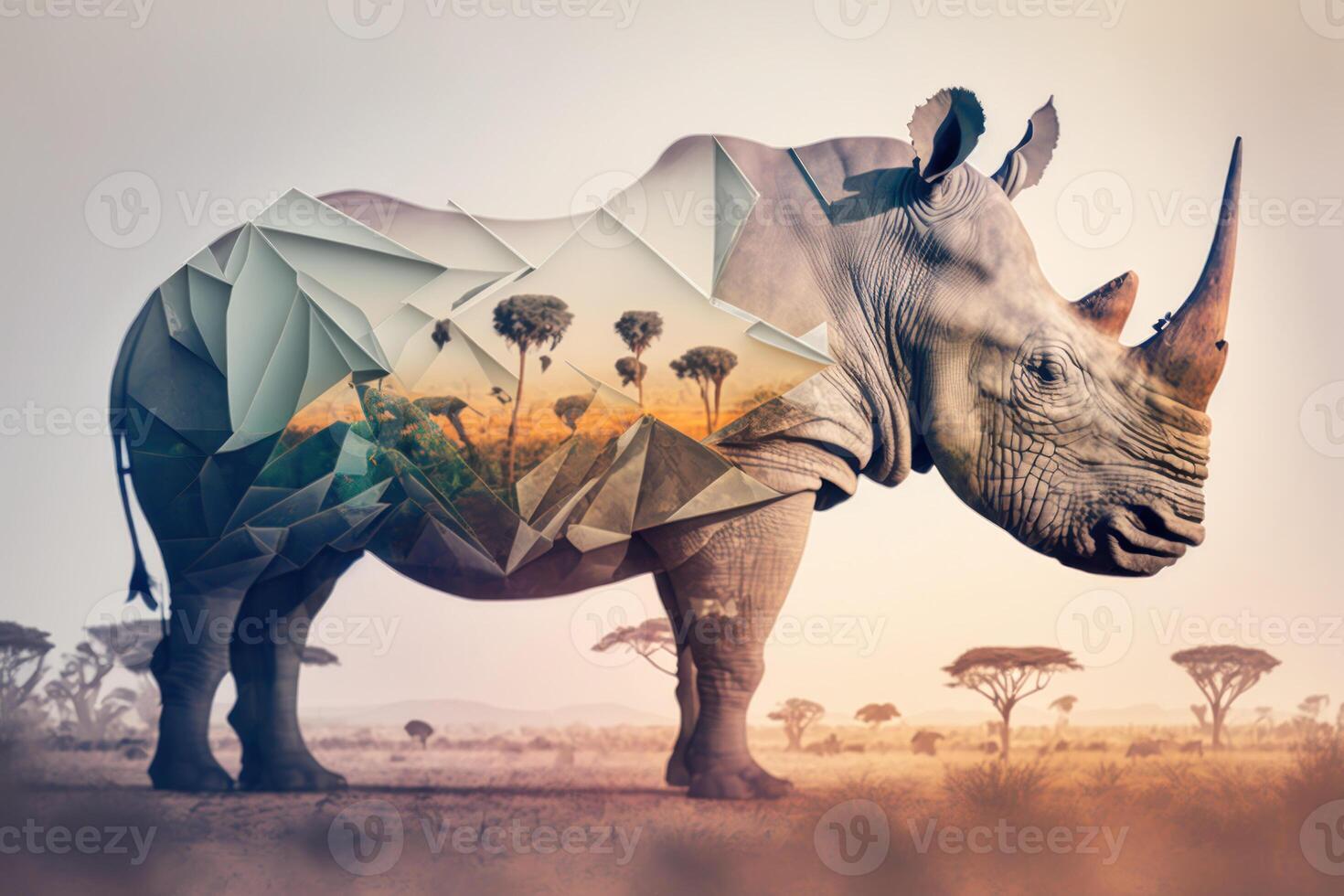 Rhino and the African savannah double exposure. photo