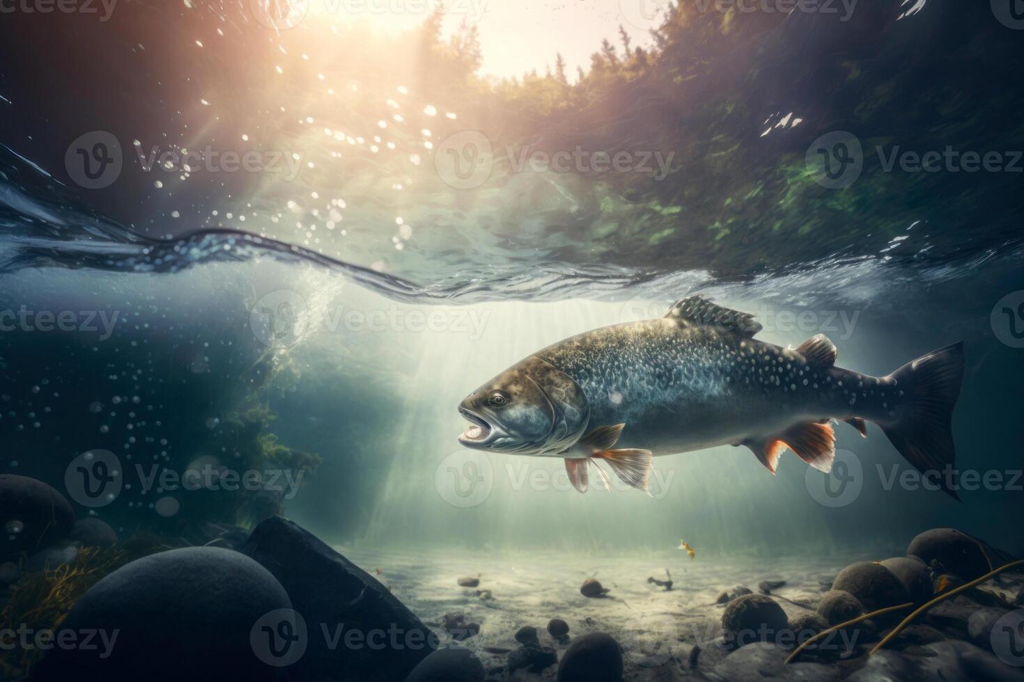 Big predatory fish in habitat underwater looking for prey. Fishing concept, photo