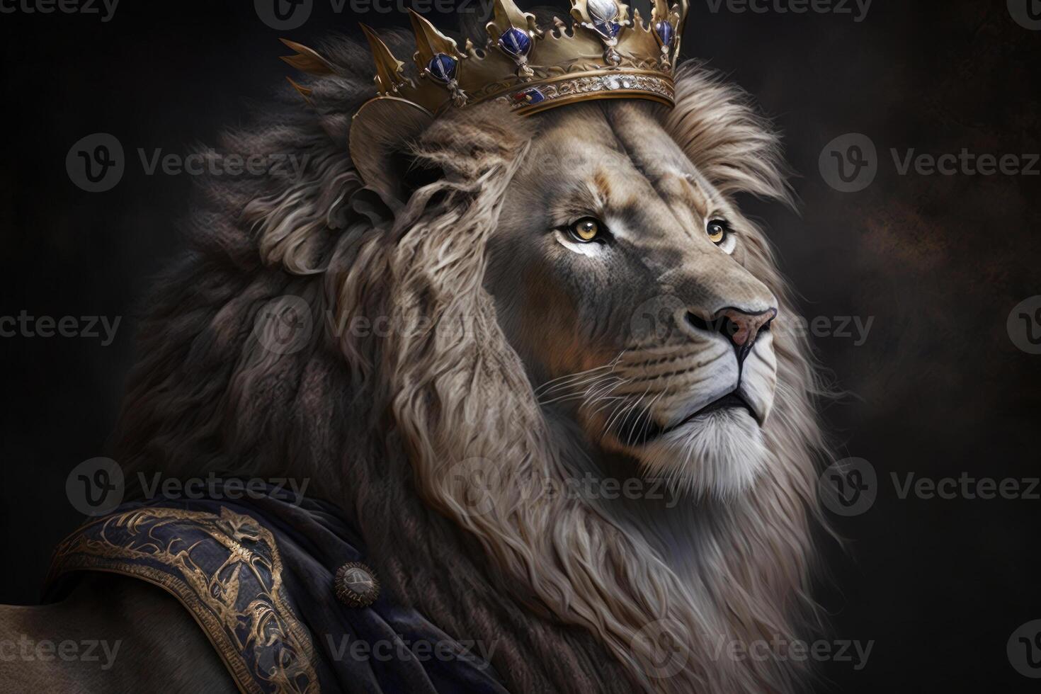 Portrait adult Lion dressed like a king with a crown, photo