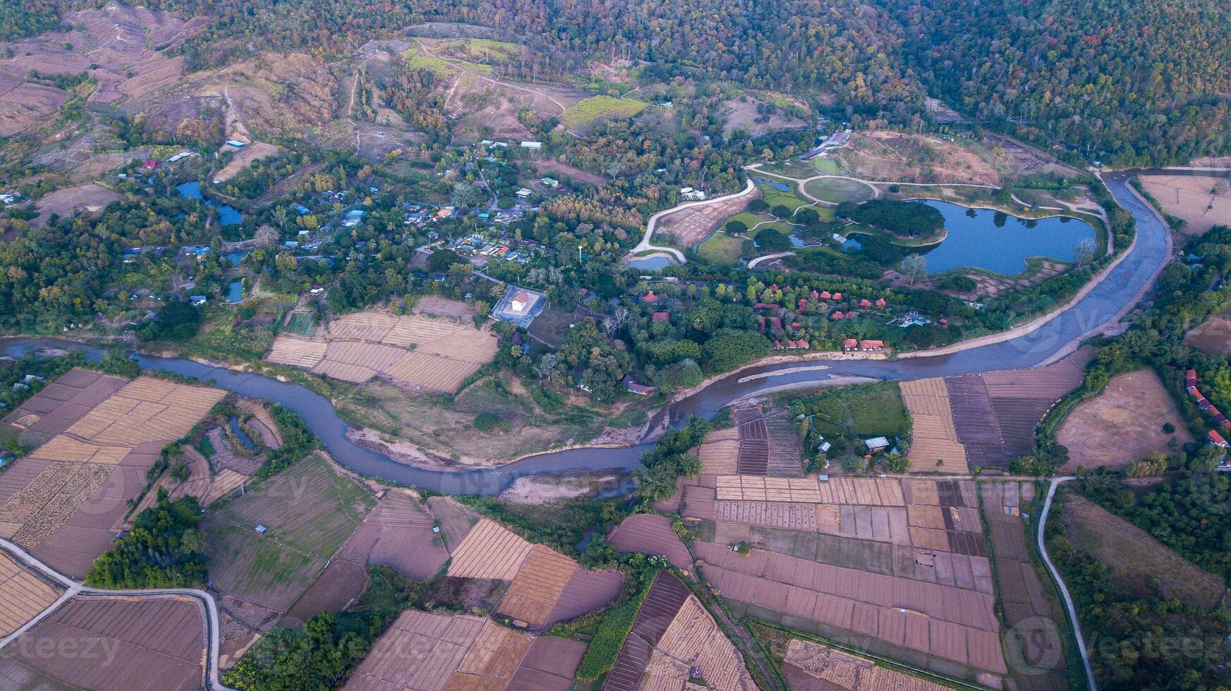 Aerial view Pai city and Pai river. Pai is a small town in northern Thailand photo