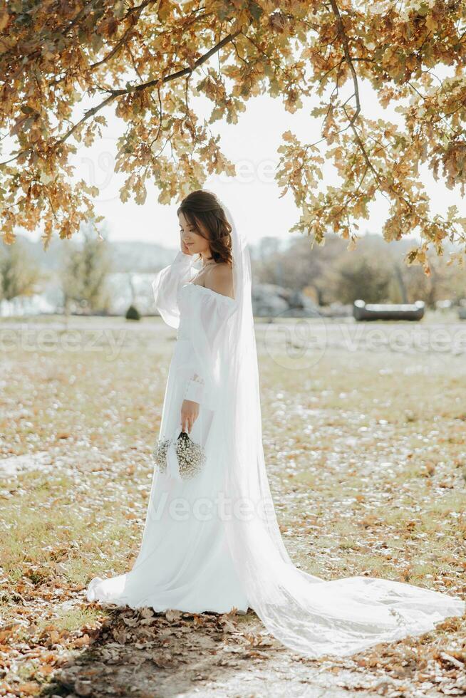 Awesome bride in a long wedding dress with a beautiful bouquet in hand and with charming smile. Under the tree in the beautiful sunset light in the park. photo