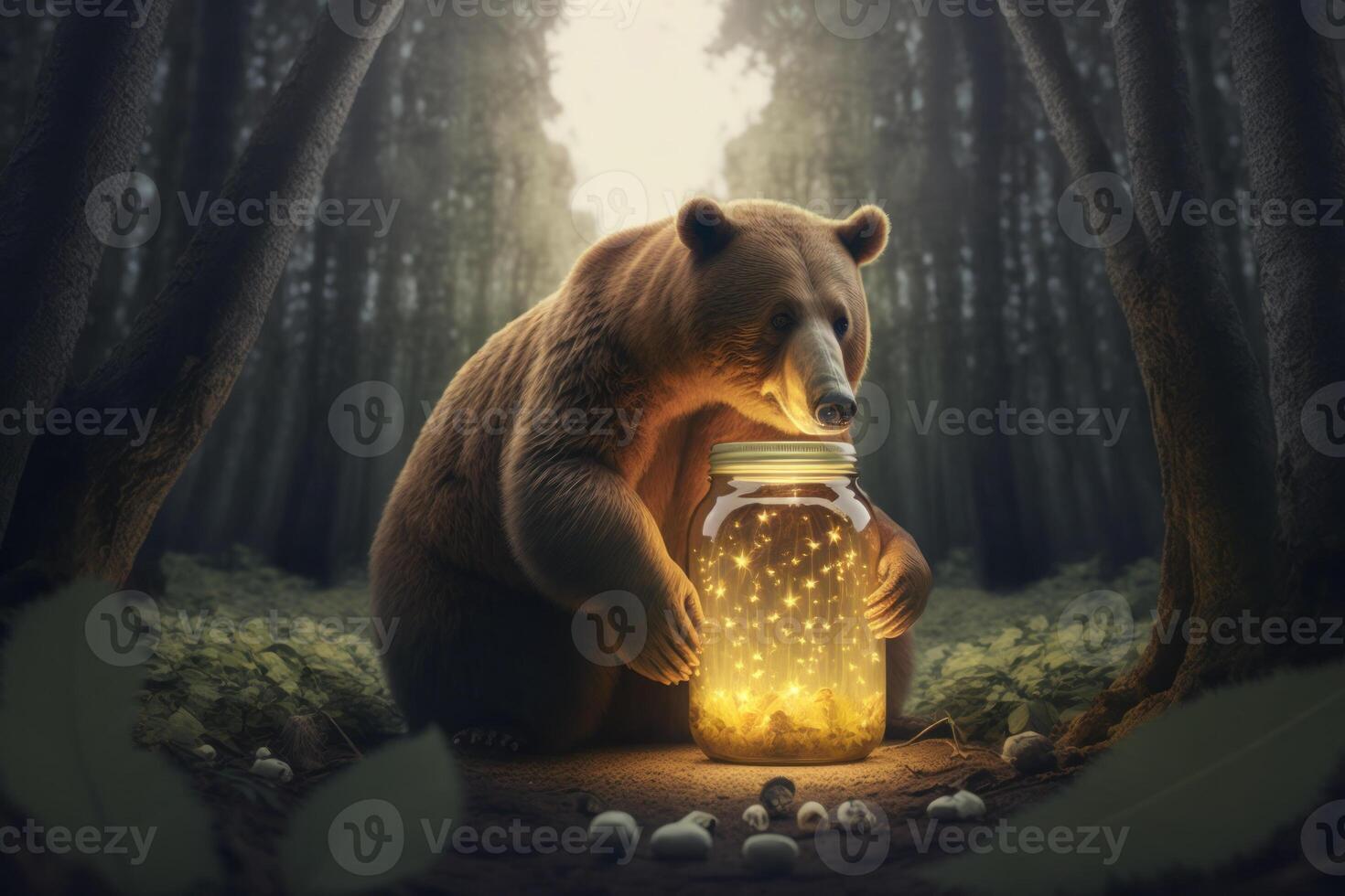 Big brown bear with a jar of honey in the middle of the forest. photo