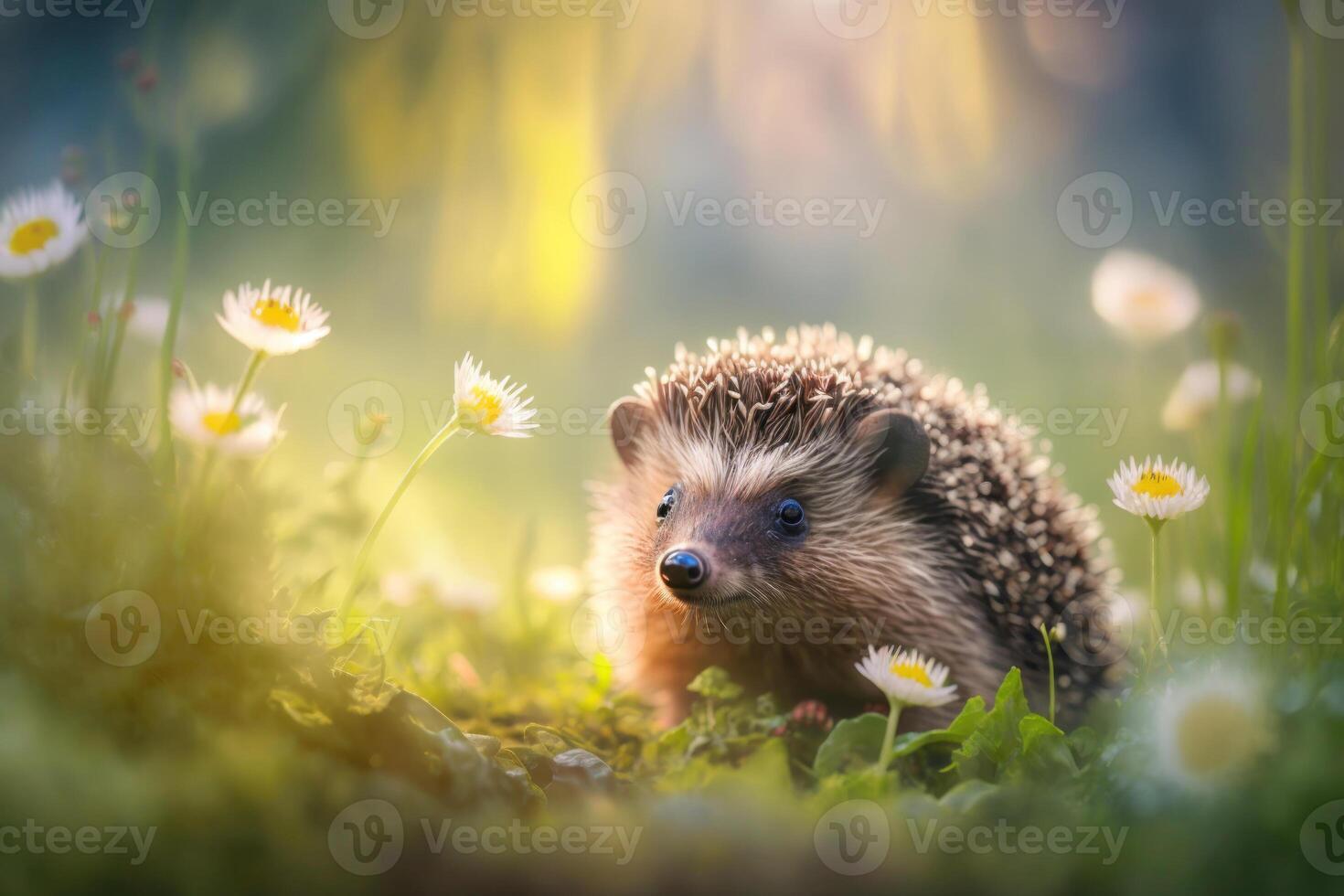 Baby hedgehog in spring green grass with flowers. photo
