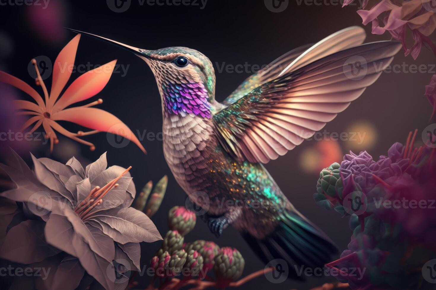colibrí en vuelo en de cerca, en contra un antecedentes de un tropical vistoso bosque y plantas Bebiendo flor néctar. generativo ai foto
