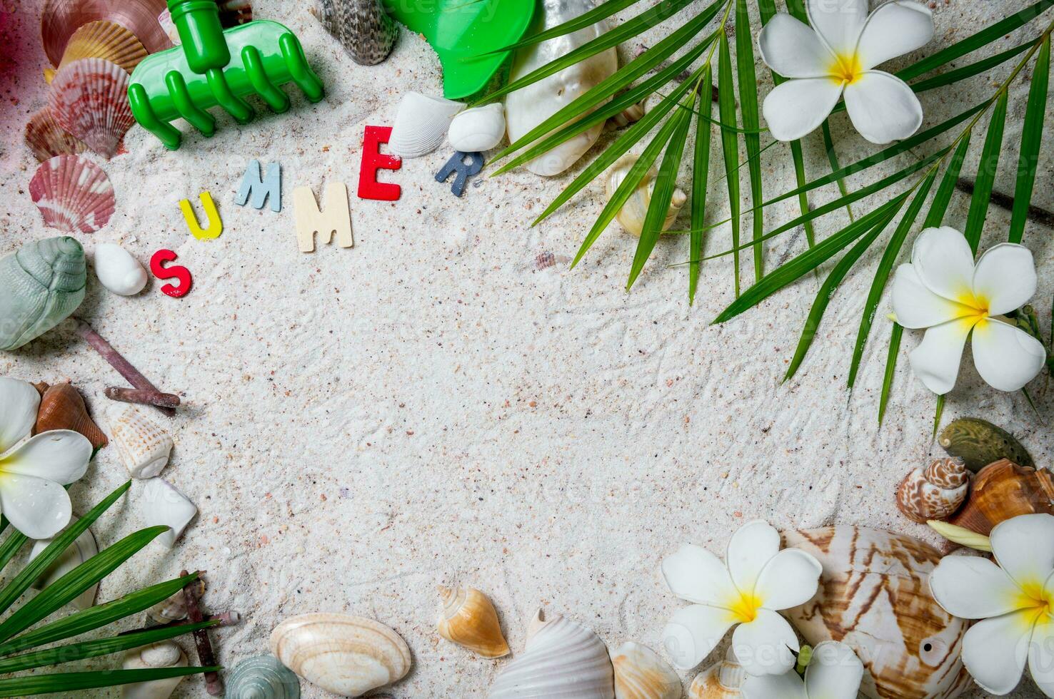 colorful summer text with Shells and plumeria flowers on sand background, copy space photo