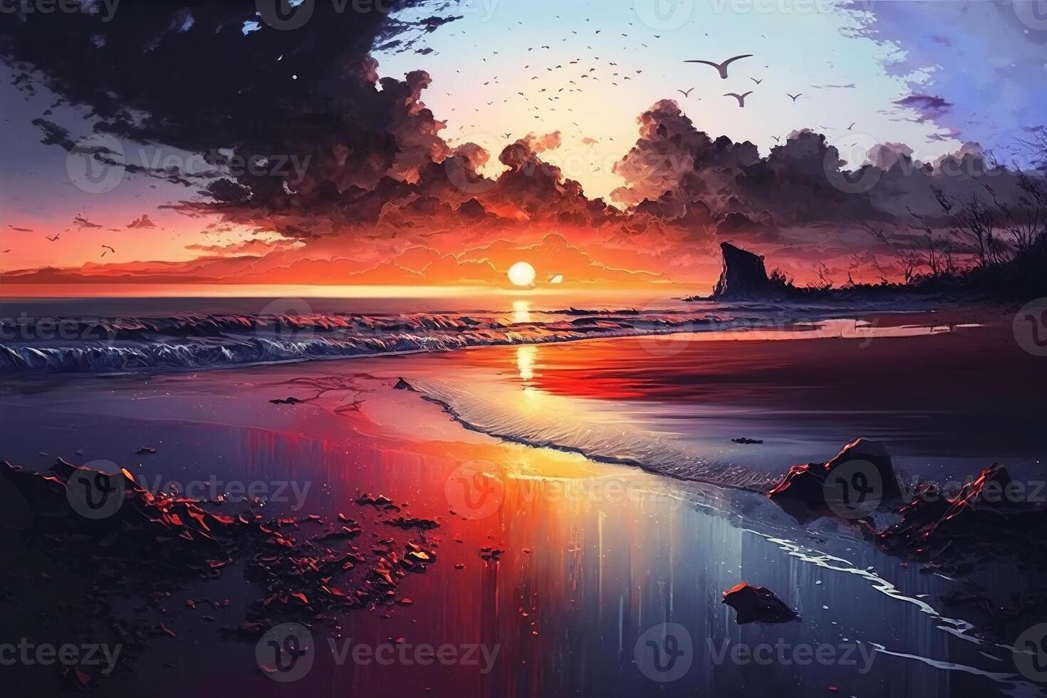 Sunset on sea. watercolor illustration photo