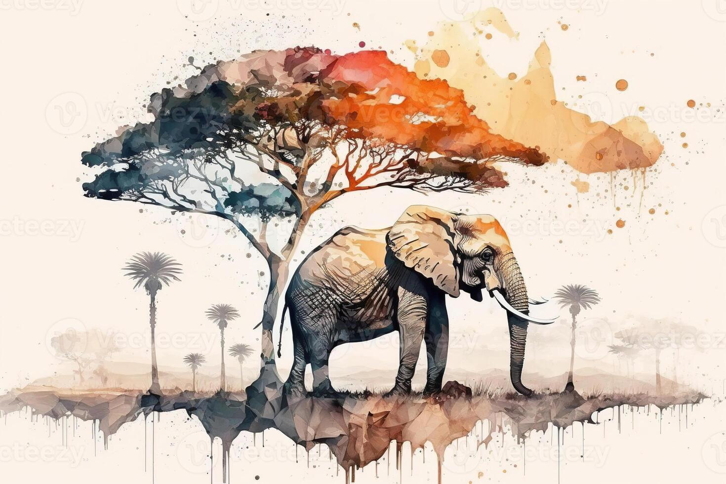 Africa watercolor. African elephant and tree, abstract illustration of nature and animal life, photo