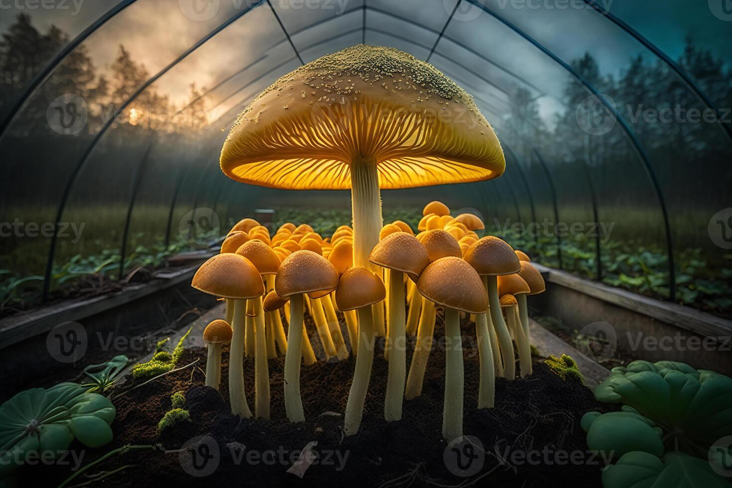 Cultivation of mushrooms, mushroom growing. Production row of fungus growing in greenhouse. photo