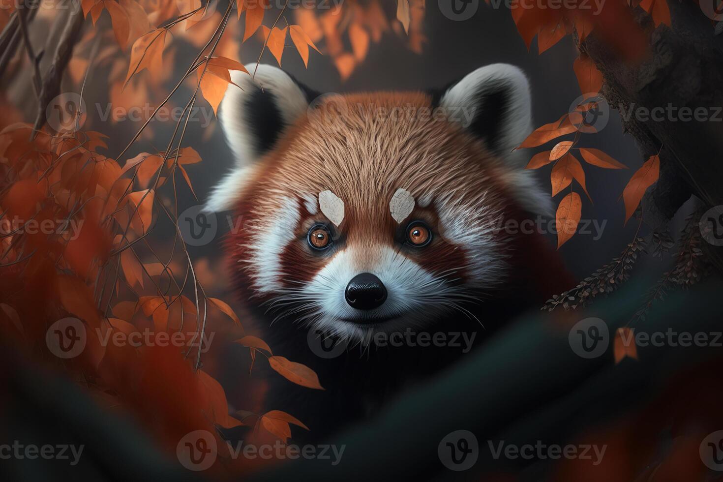 Endangered species, rare animal, wild life problem concept. Portrait Red panda, cute animal peeking out from frame of yellow autumn leaves outdoors. photo