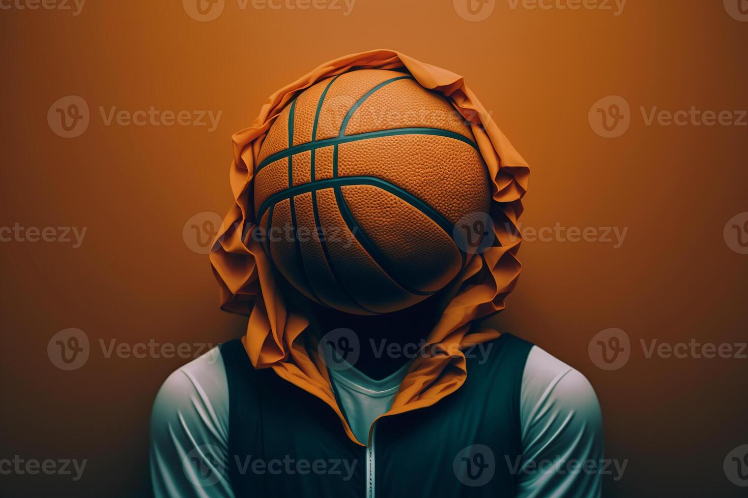 Basketball, sport creative concept. Basketball ball instead of head for an athlete player in hoodie standing indoors. photo