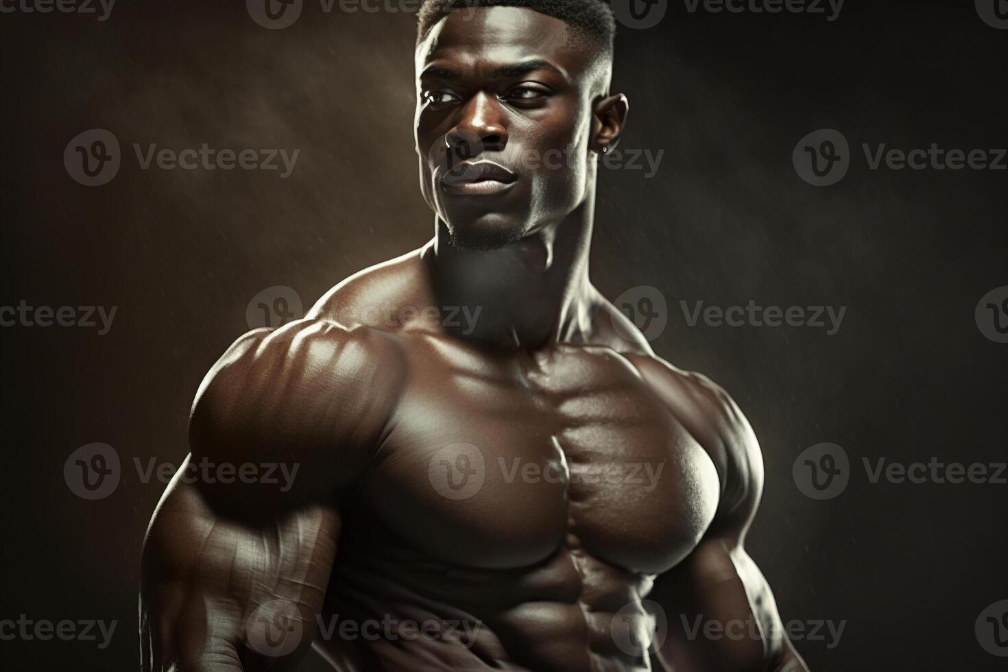 Strong black athlete, muscular man, African American bodybuilder. Athletic male torso, waist-length portrait. photo