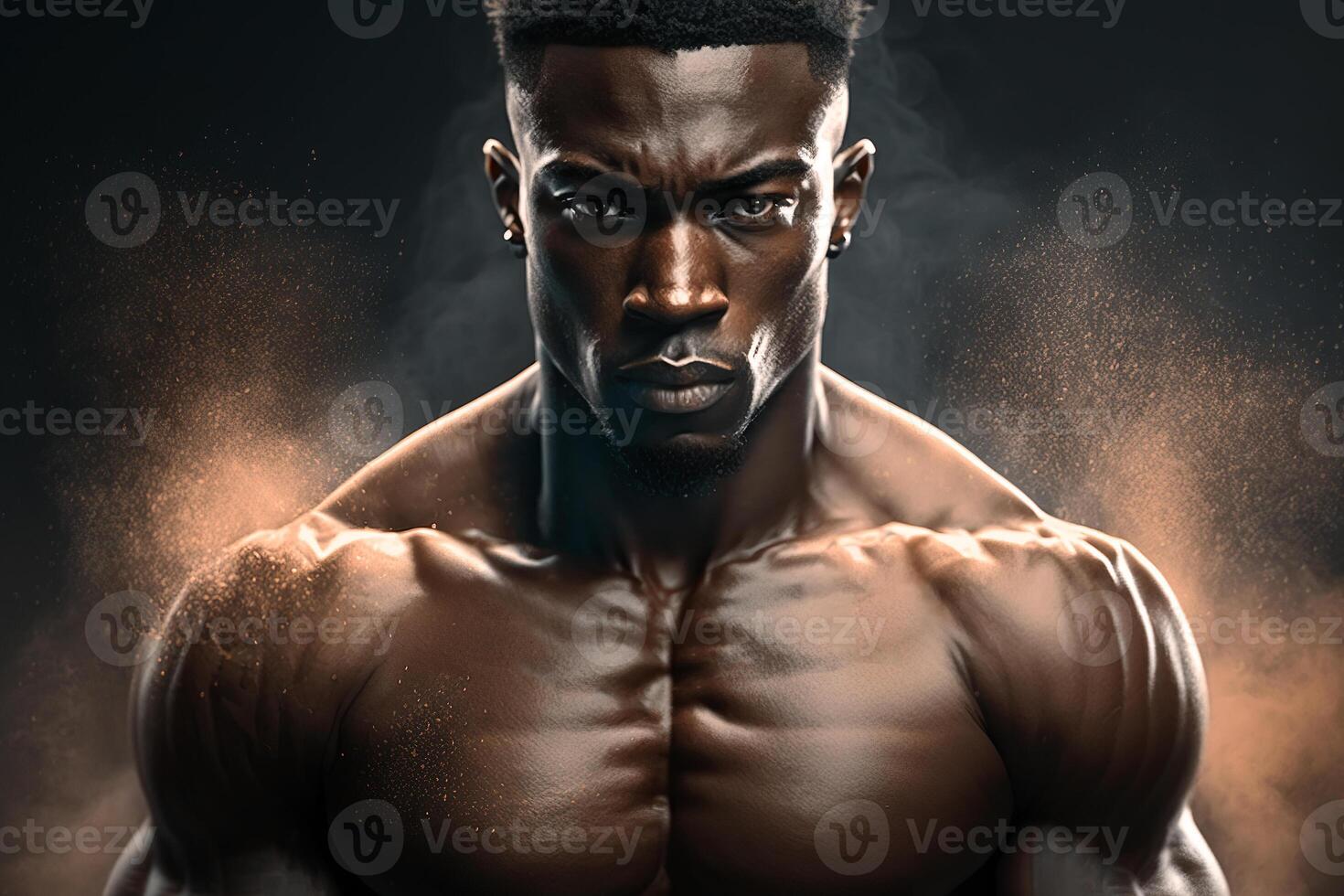 Portrait of serious motivated bodybuilder black athlete, muscular man looking at camera. Sports