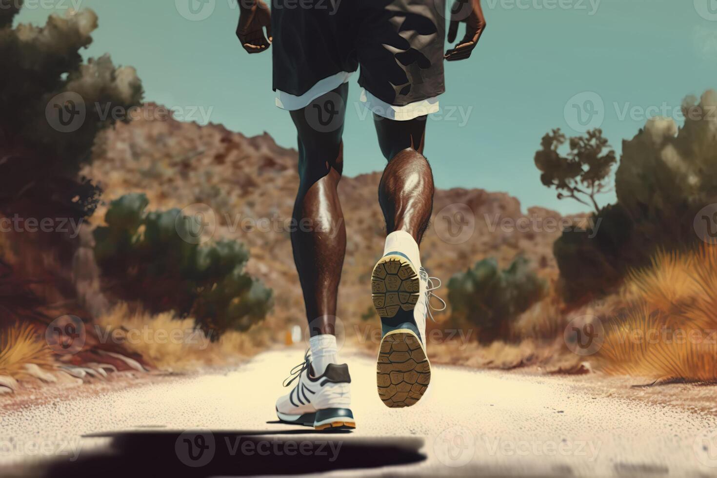 de cerca negro masculino atleta en Deportes Zapatos formación en naturaleza, del corredor piernas en pantalones cortos y zapatillas en sendero al aire libre. generativo ai foto