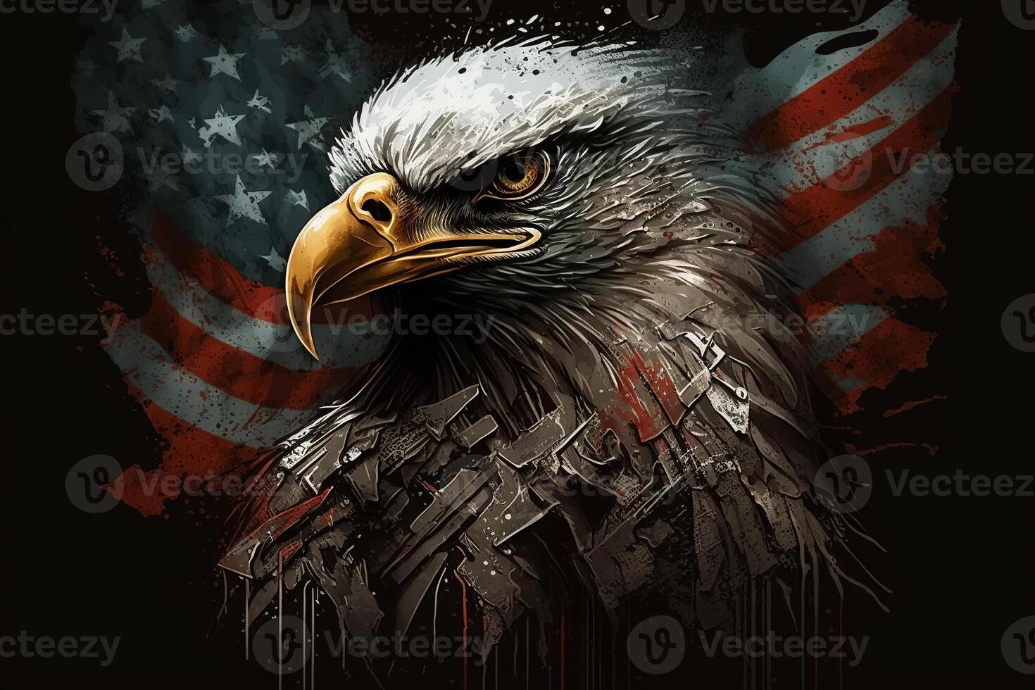 Independence day or memorial day concept. Portrait of proud eagle on background of American flag, star-striped symbol of USA. Grunge illustration created by photo