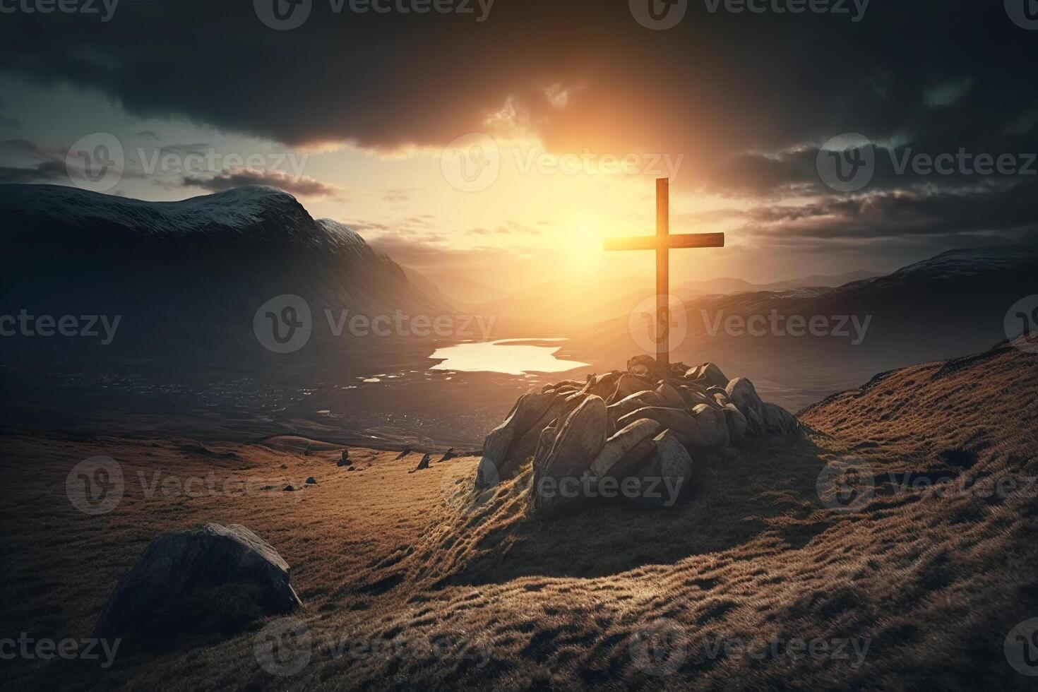 Wooden cross on hill, holy symbol of faith and religion at sunrise or sunset. illustration photo