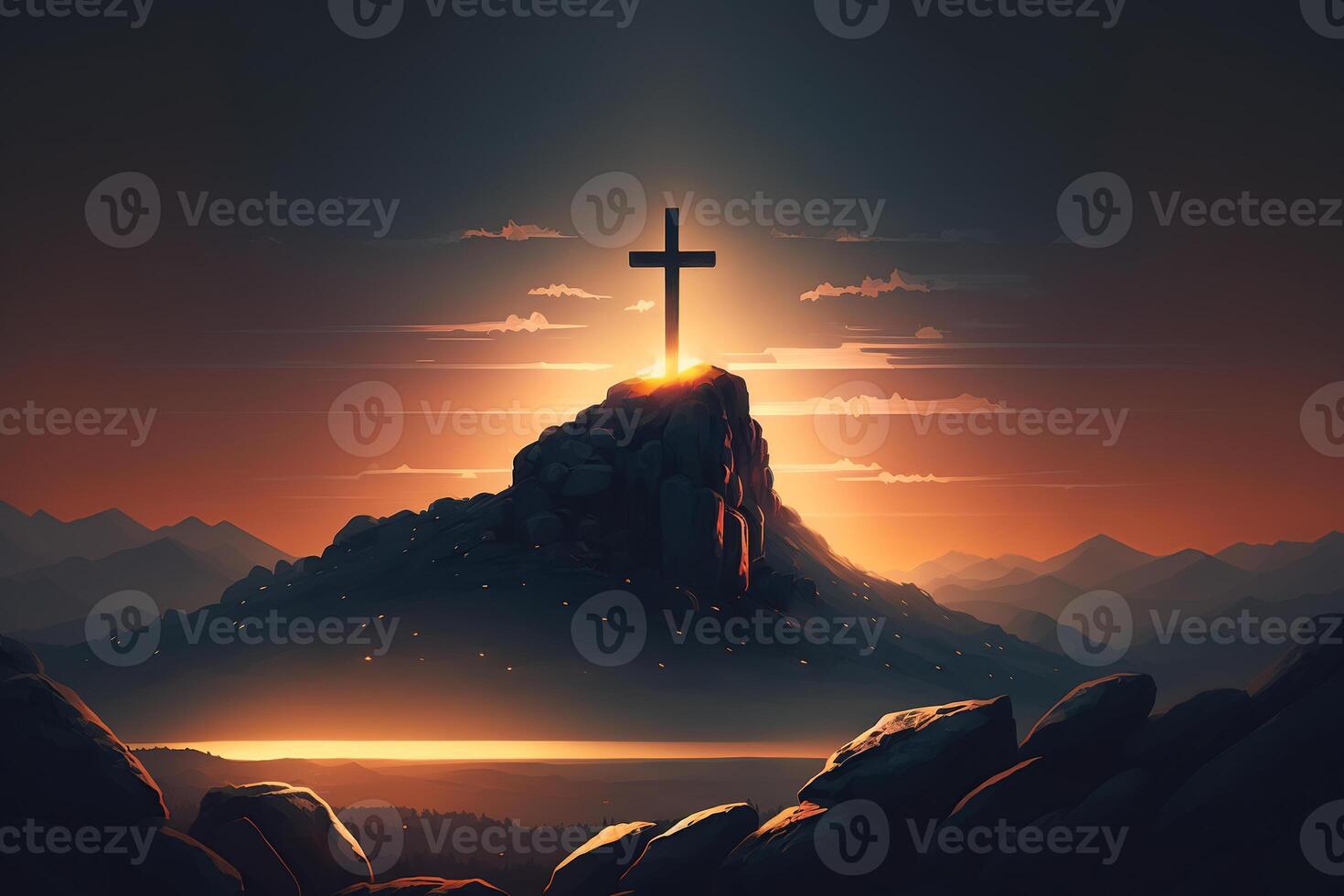 Silhouette of a holy symbol of faith and hope. Sacred ancient religious cross on the mountain at sunset. illustration photo