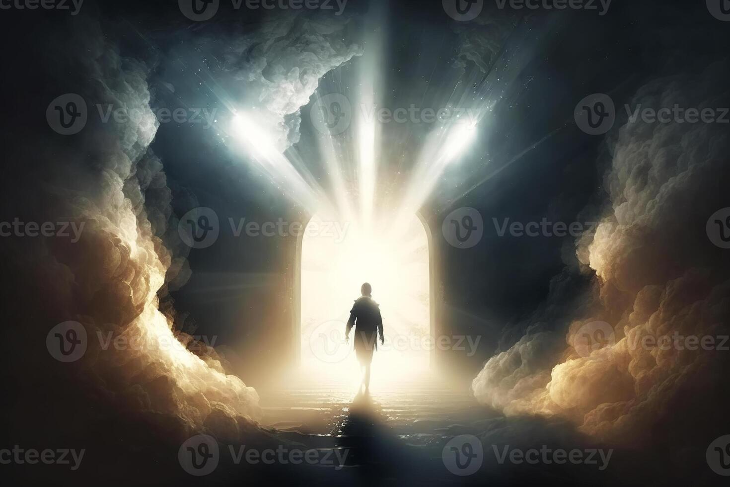 Paradise, holy phenomenon, spiritual religious enlightenment concept. View from back of silhouette of man walking up stairs to sky against backdrop of miracle of lighting. photo