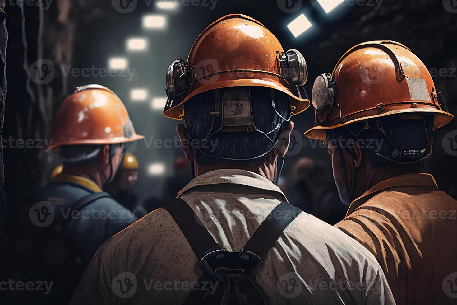 Team of miners in uniform and helmets in mine. Rear view of industrial unrecognizable male workers, close-up. photo