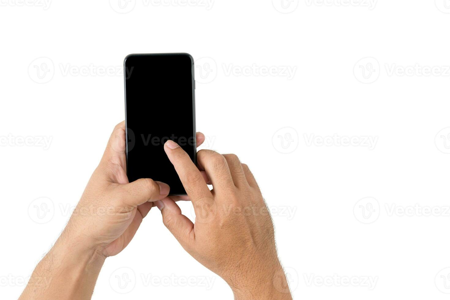 Hand man is holding mobile phone with black screen isolated on a white photo