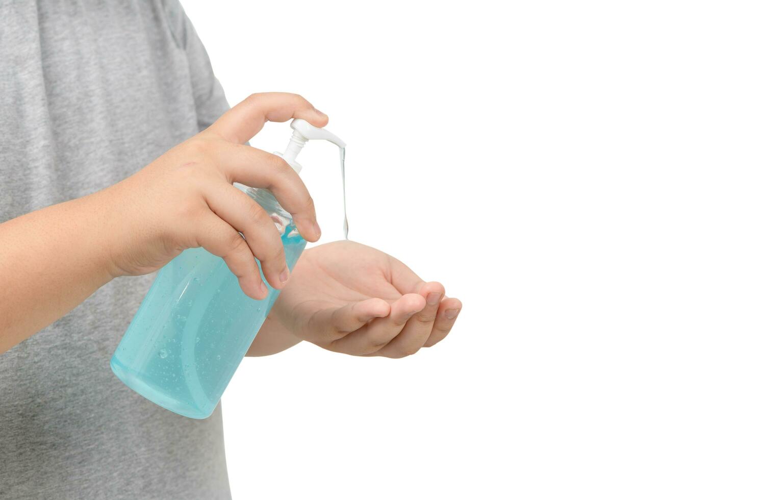 Hand child is washing hands with alcohol gel or antibacterial soap sanitizer isolated photo