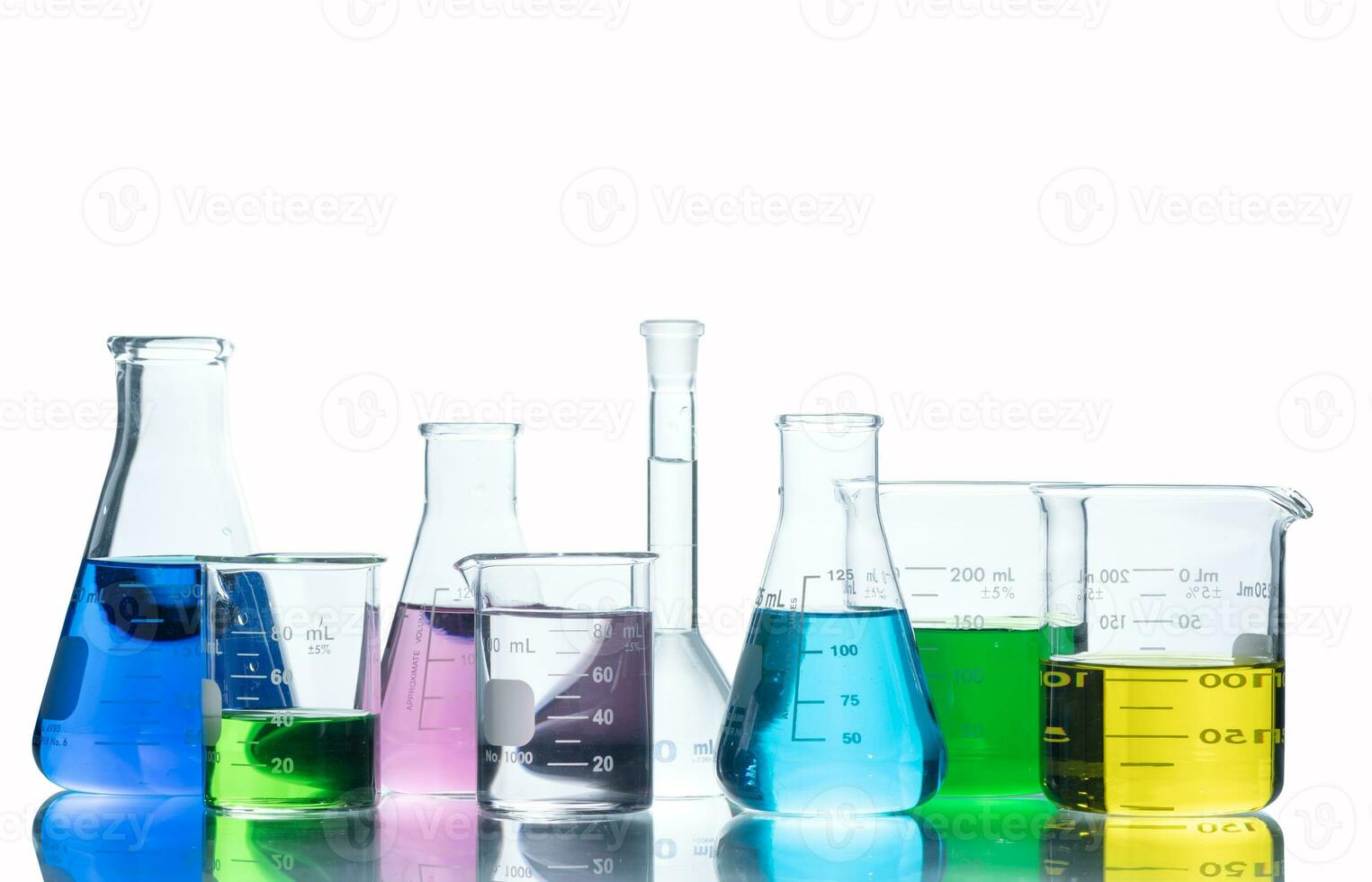 Laboratory glassware with liquids of different colors, photo