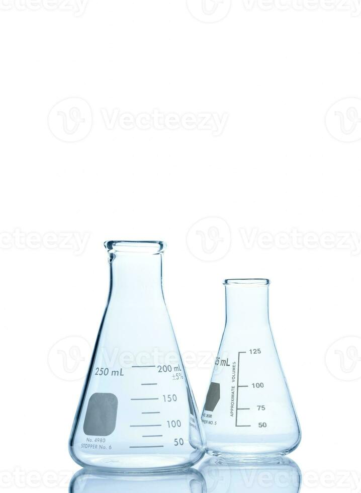 Two Empty Erlenmeyer flask on reflective isolated photo