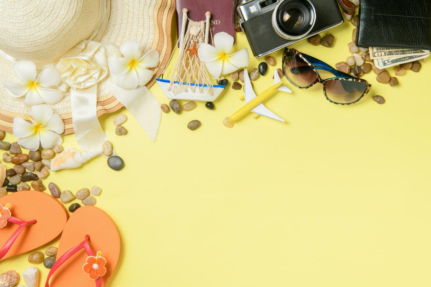 Summer vacation concept flat lay. Hat with Beach accessories photo