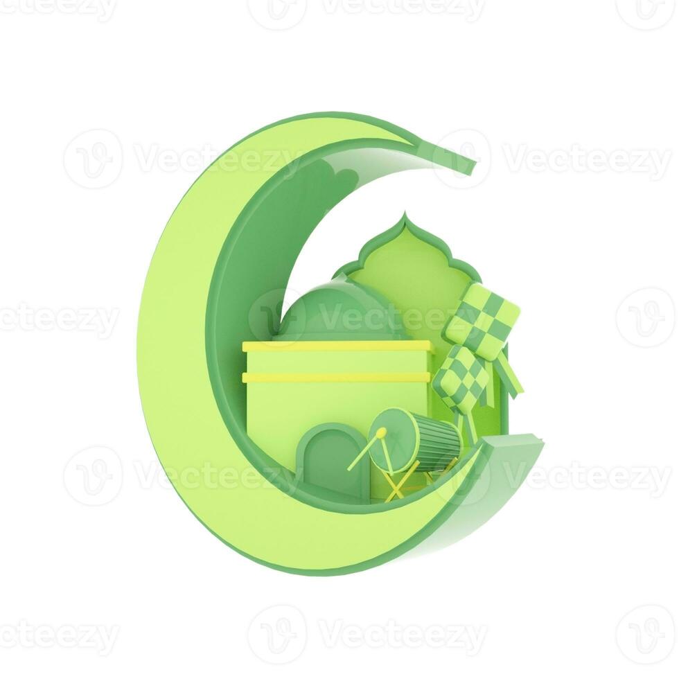 Islamic decoration background with bedug drum, ketupat, ramadan kareem, eid al fitr, eid mubarak, 3D illustration. 3d rendering photo