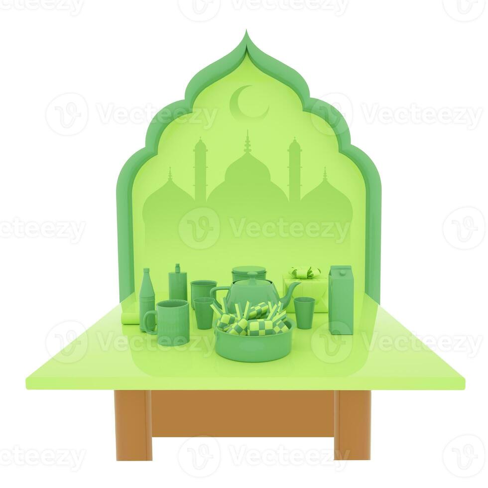 Islamic display decoration composition with 3d realisic traditional bedug drum and ketupat Illustration, Eid Mubarak and Ramadan Kareem Template Banner. 3d Rendering photo