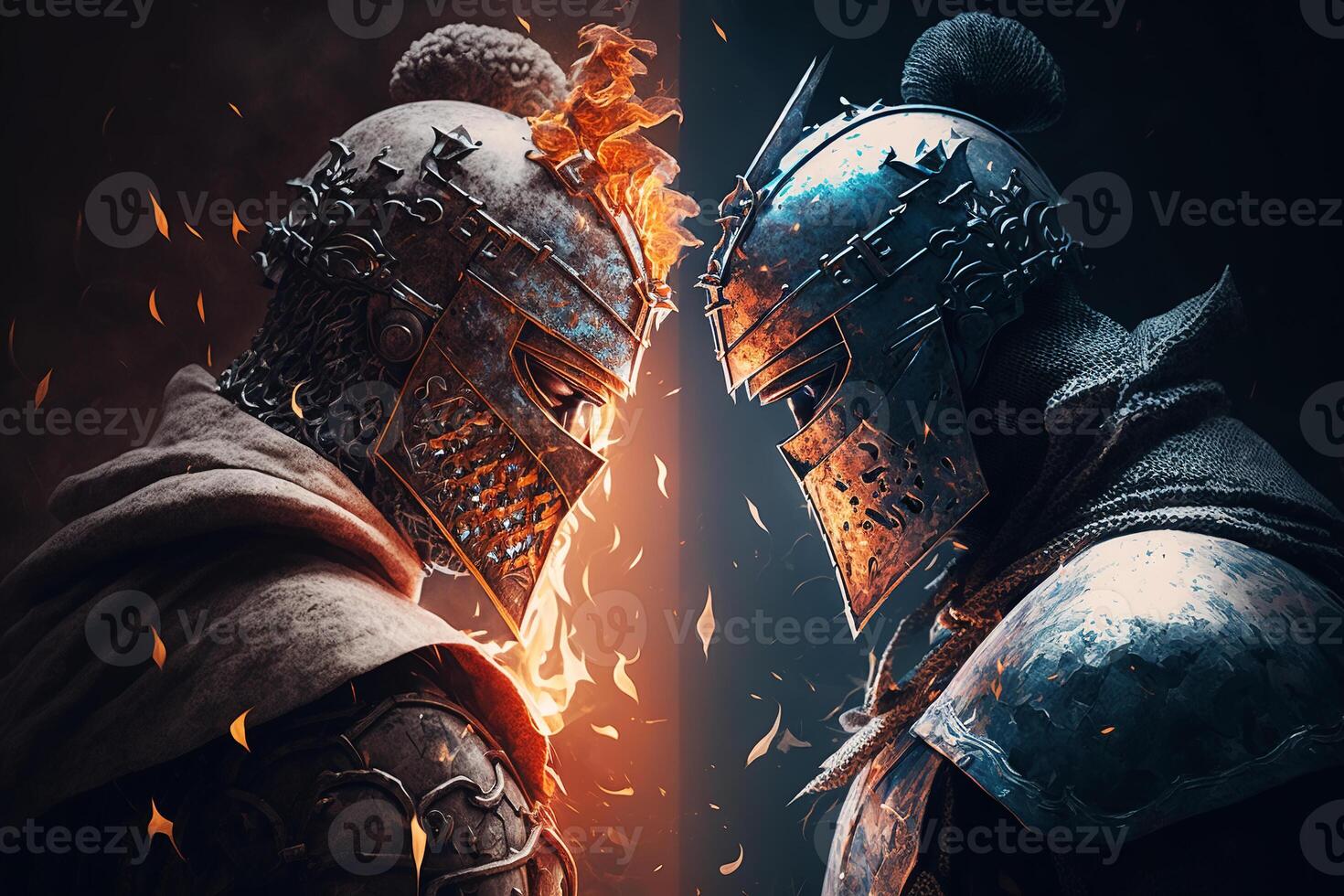 Two warrior knights in armor and helmets opposite each other. Contemporaneity, war of good and evil, opponents concept. Illustration with effects and sparkles created by photo