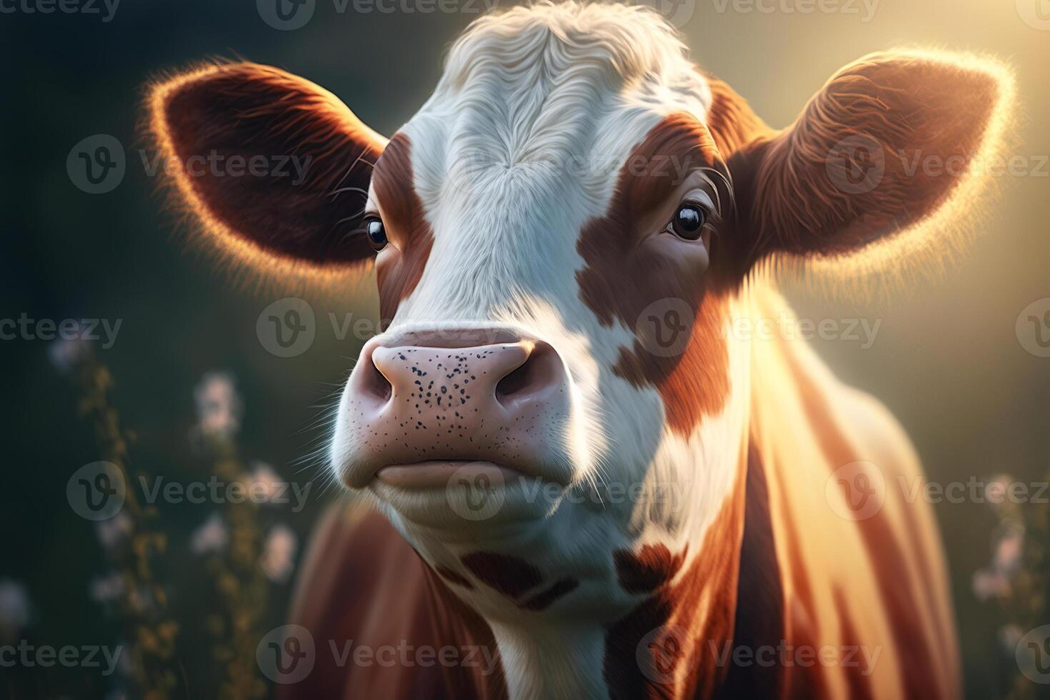 Cow, brown animal portrait of cattle on a sunny day in nature. photo