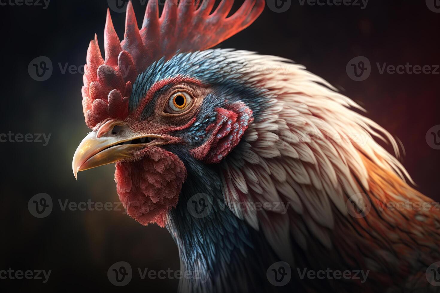 Side view portrait of a rooster with a red crest and beak. Birds Illustration created by photo