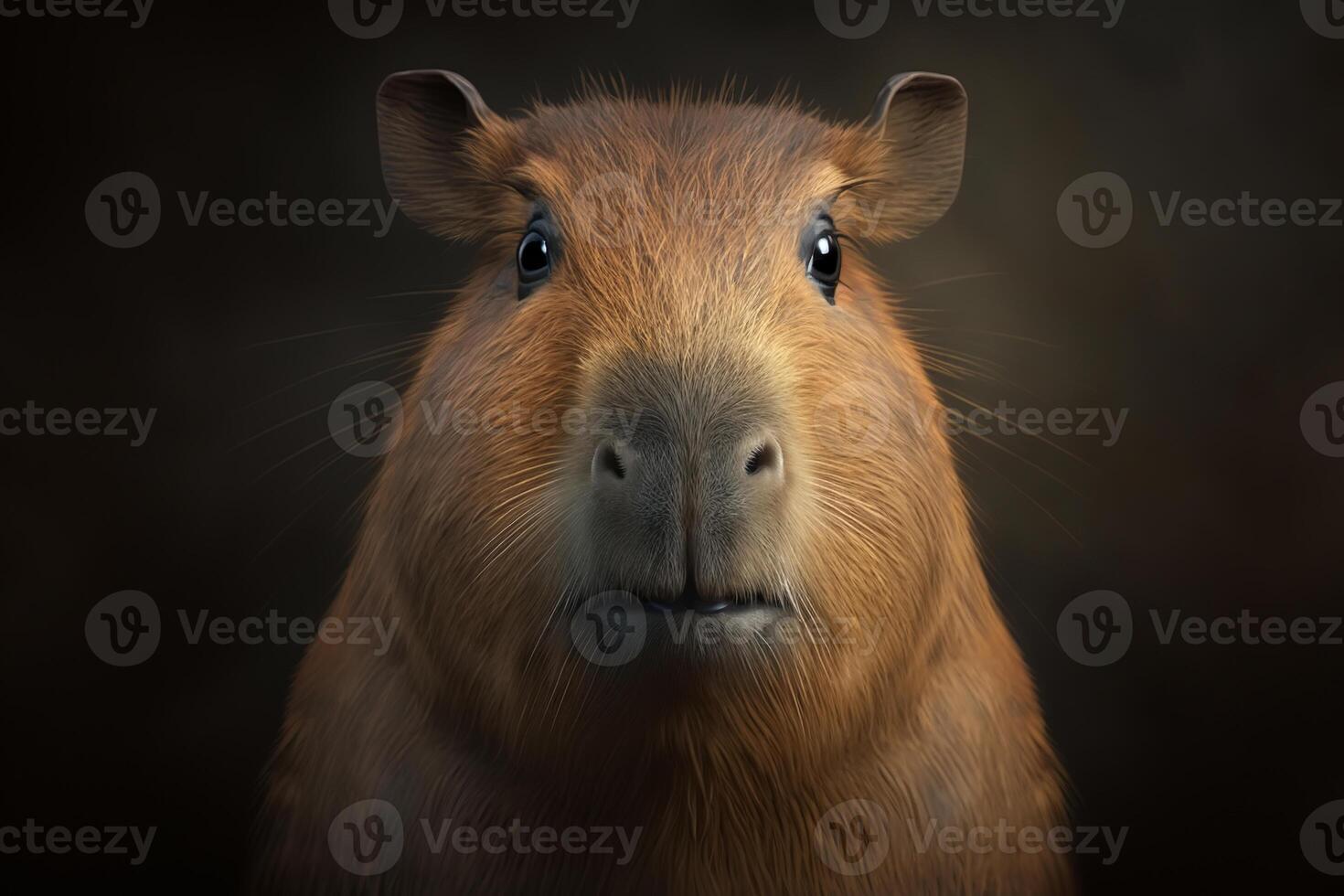 Funny cute capybara. Portrait front view semiaquatic herbivore mammal furry animal. Illustration created by photo