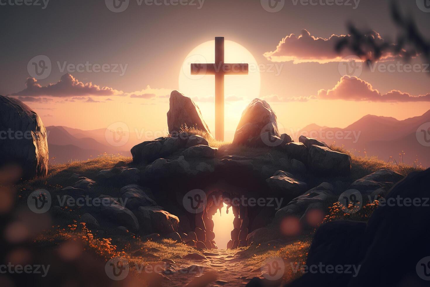 Silhouette sacred ancient religious cross on stones in mountains. Holy symbol of faith and hope. illustration photo