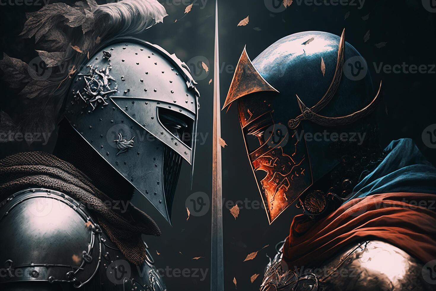 Two medieval knights in armor and helmets confront each other. Battle, war of good and evil, enemy, armed conflict, duel concept. Illustration created by photo