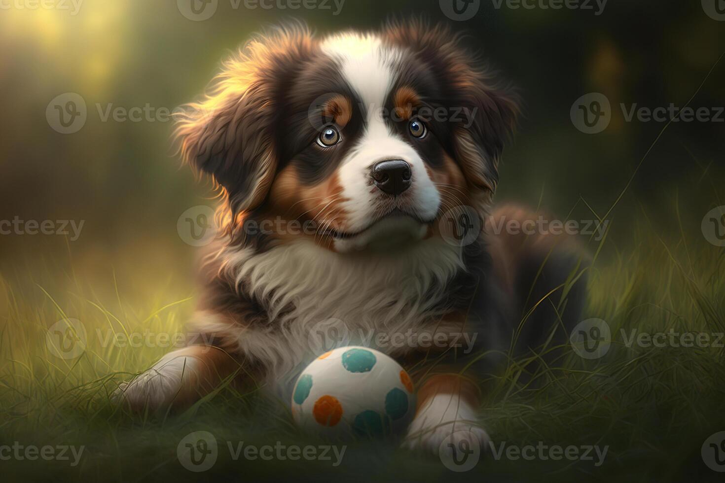 Funny St. Bernard puppy playing with ball, cute dog lying on green grass outdoors. Animal illustration photo