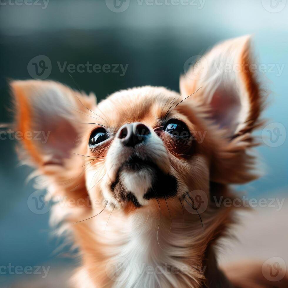 cute chihuahua looking up with a lake background. photo