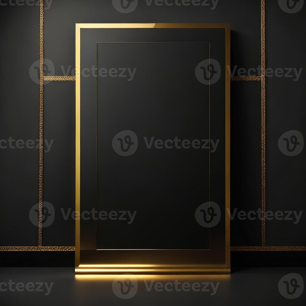 Empty blackboard on the wall in a black background. Colorful Light. . photo