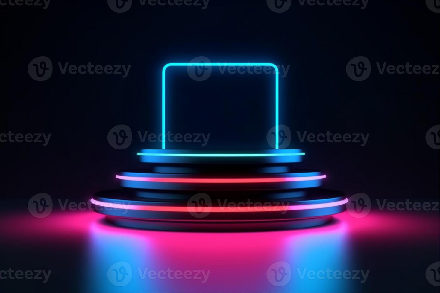 Neon lights on a podium in a dark room, image photo