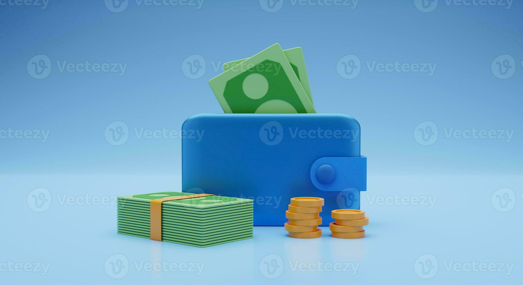 Blue Wallet with cash and coins on blue background. 3d rendering illustration photo