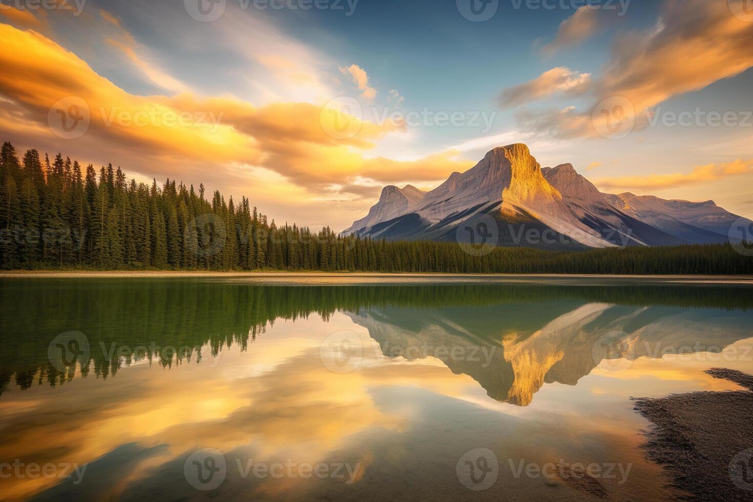 a beautiful sunset over a lake with mountains in the background. photo