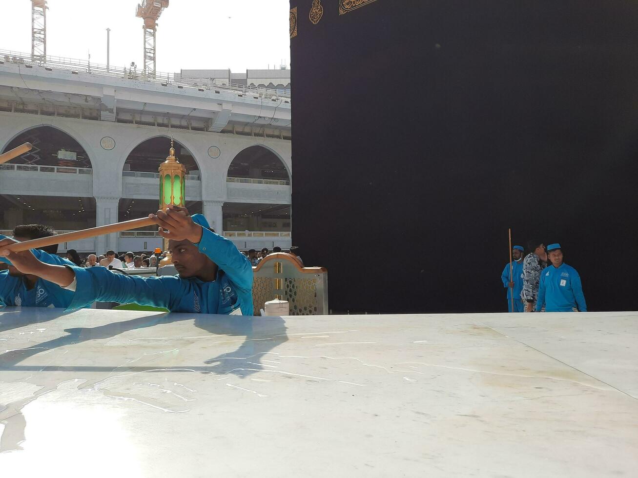 Mecca, Saudi Arabia, May 2023 - A beautiful view of cleaning Hateem during daytime near the Kaaba in the courtyard of Masjid al-Haram, Mecca. photo