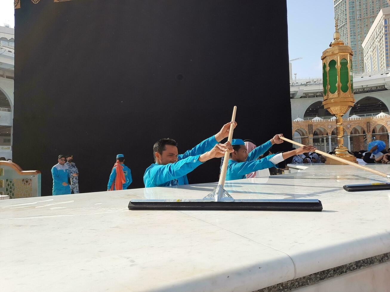 Mecca, Saudi Arabia, May 2023 - A beautiful view of cleaning Hateem during daytime near the Kaaba in the courtyard of Masjid al-Haram, Mecca. photo