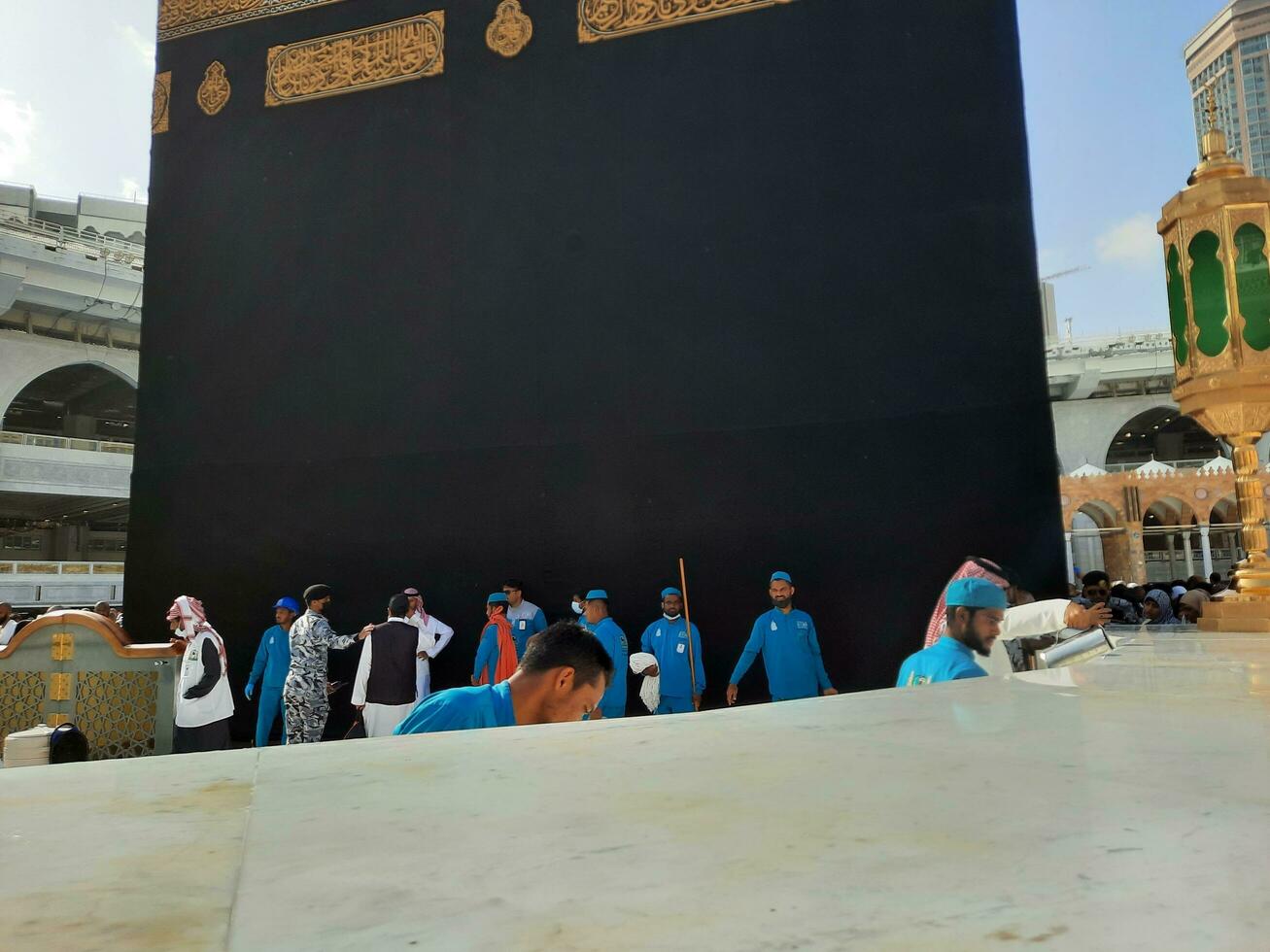 Mecca, Saudi Arabia, May 2023 - A beautiful view of cleaning Hateem during daytime near the Kaaba in the courtyard of Masjid al-Haram, Mecca. photo